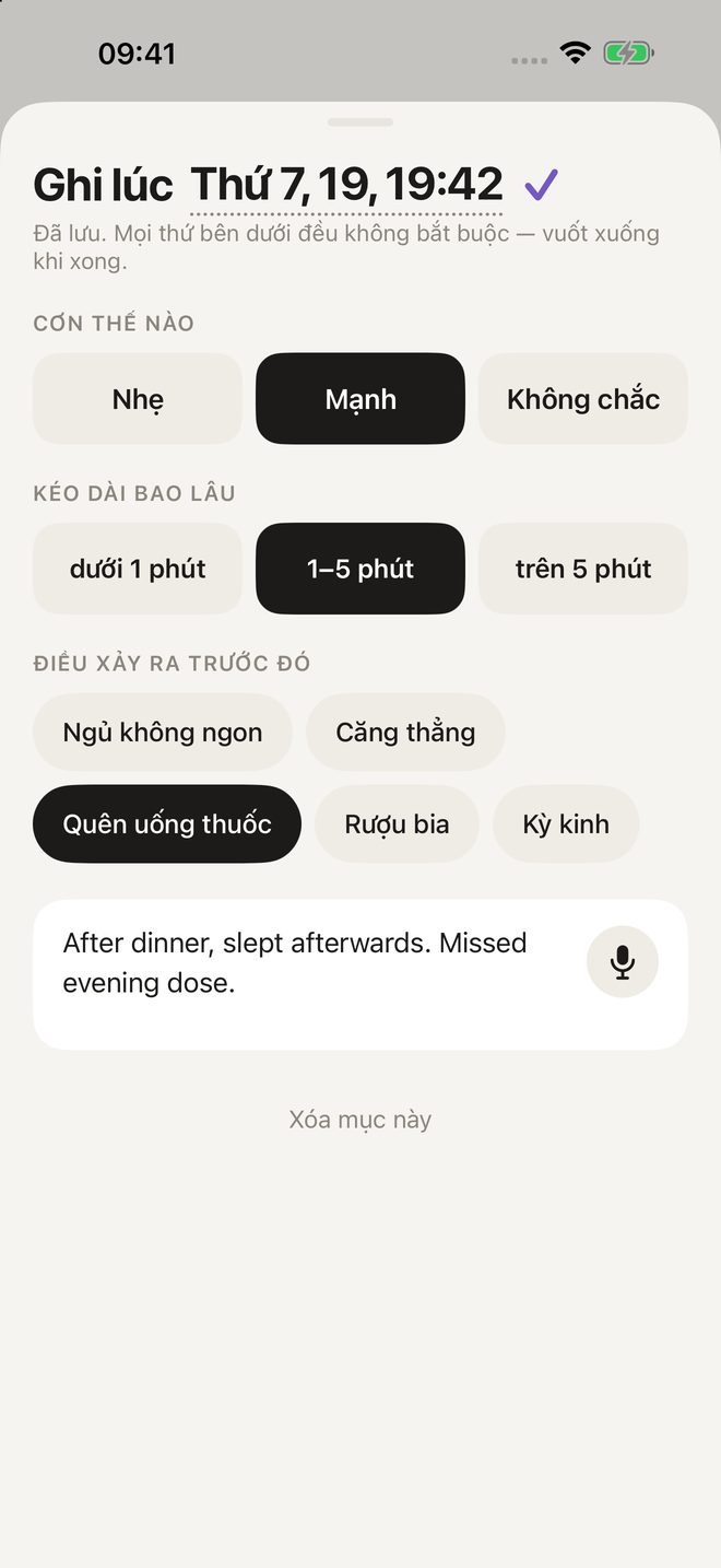Trang ghi: cơn thế nào, kéo dài bao lâu, điều gì trước đó, ghi chú
