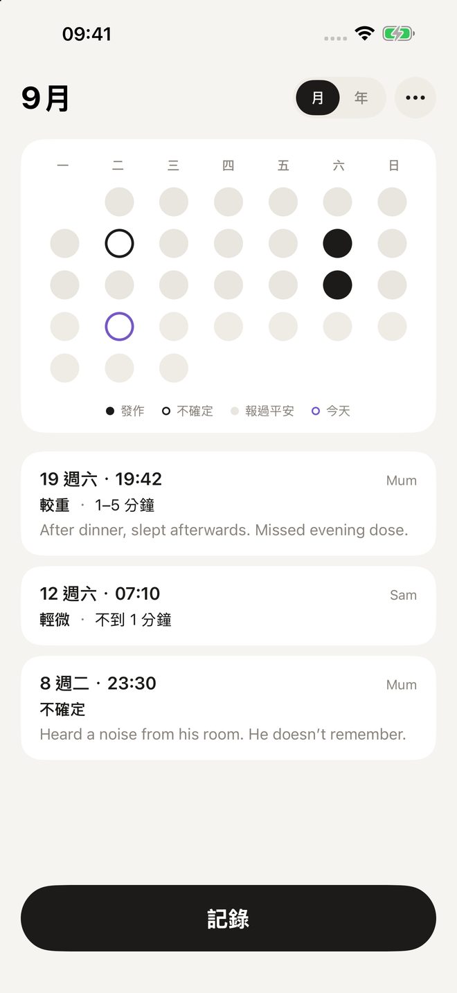 一個月的日子以圓點呈現,下方是記錄列表
